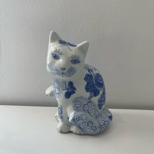 Blue and White Ceramic Cat Figurine